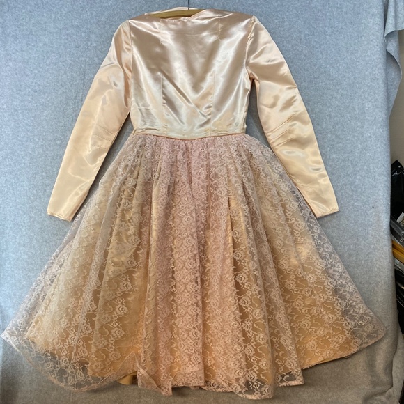 Vintage 30" Bust Peach & Pink Satin Lace Overlay Dress Fit & Flare • Handmade - Picture 14 of 16